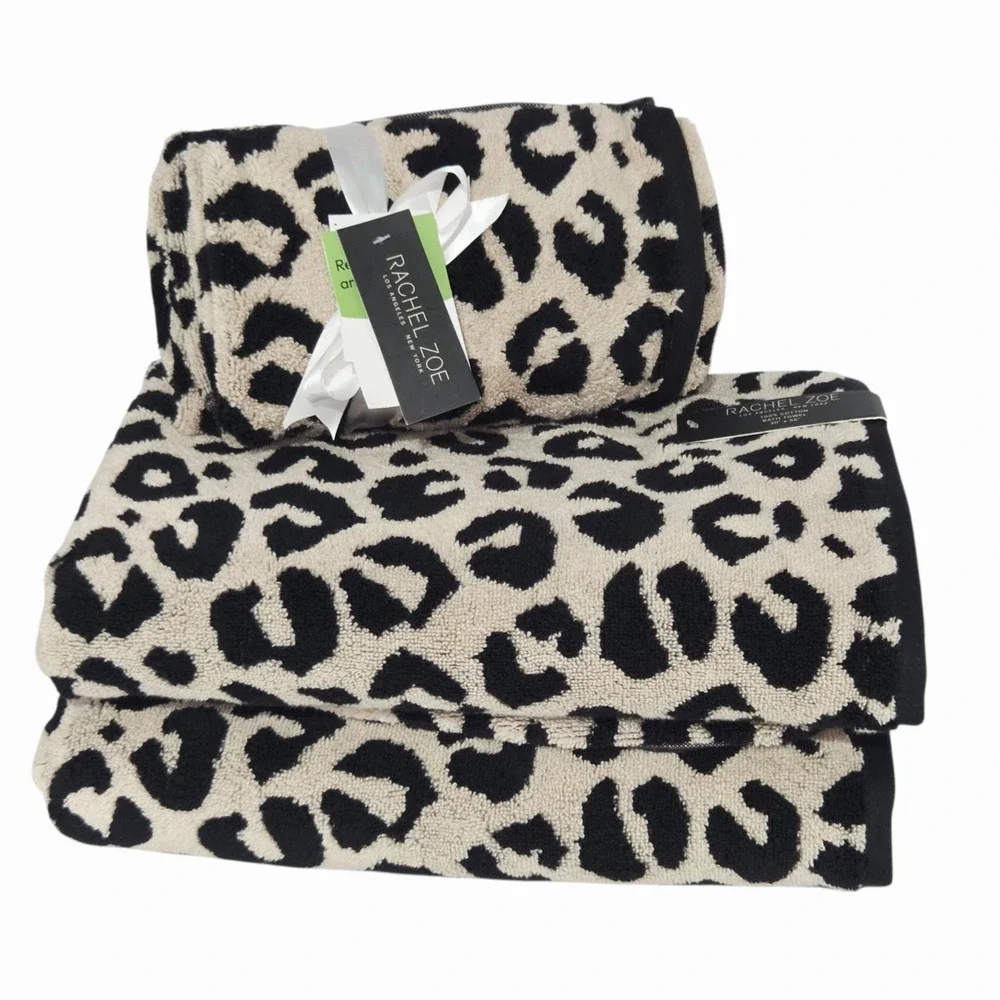 Rachel Zoe 4pc Leopard Cheetah Print Cotton Towel Set 2 Bath 2 Hand Black Tan